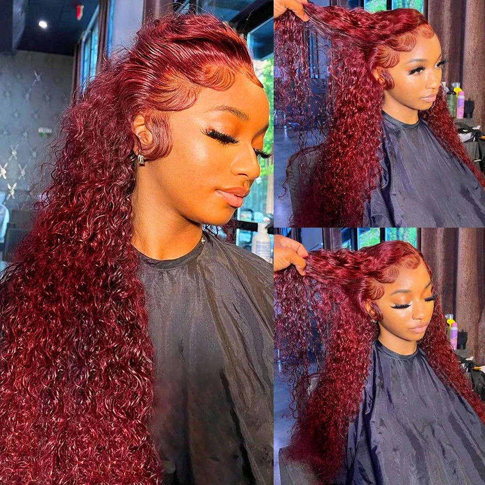 99J Burgundy Colored Deep Wave - Lace Front Wigs 评论和价格